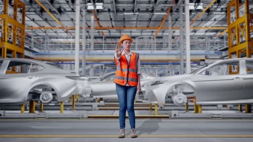 Corps entier d'une ingénieure asiatique désapprobatrice sans signe de la main dans une usine automobile