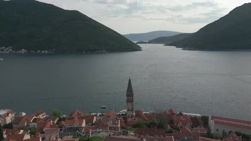 Perast. Montenegro. Aerial view. Ancient cities and the coast of Montenegro. Bay of Kotor.