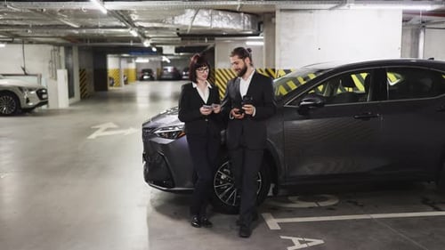 Caucasian Business Professionals with Money in Parking Garage