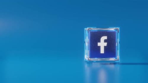 Appearance of a technology cube with the Facebook logo. Rotation of technology cube with facebook lo