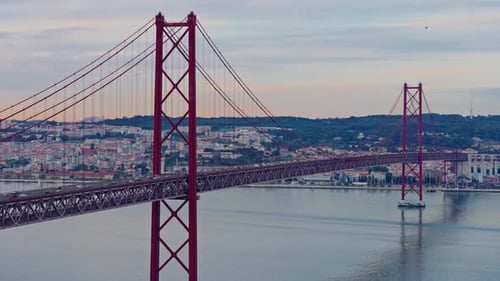 Red 25Th of April Bridge Red Suspension at Sunset Tagus River Lisbon Portugal