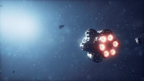Futuristic Spaceship Navigating Dark Space with Bright Engines