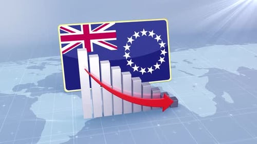 Cook Islands Flag With Decrease Bar Chart Graph And Arrow Red