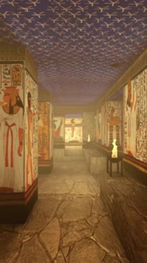 3d Rendering Animation Of A Tomb with old wallpaintings in ancient Egypt.