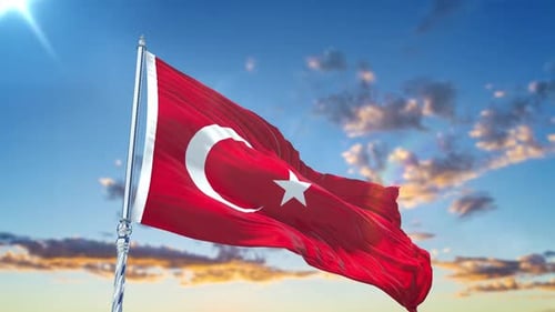 Waving Turkish Flag Animation Loop on Blue Sky