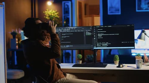 Young Adult Uses VR Headset at Computer