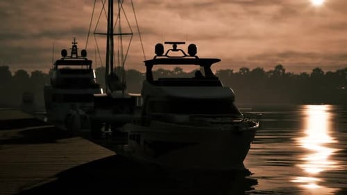 Luxury Boats Docked at Sunset Beside Tranquil Waters in a Serene Harbor