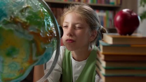 Curious Funny Adorable Intelligent Caucasian Little Girl Playful Schoolgirl Child School Kid Pupil