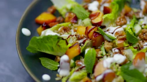 Whole grain salad plate. Close up of healthy lunch salad. Wholefoods and vegetarian dishes. Healthy