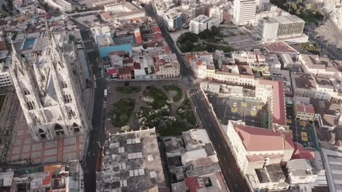 Drone shot of La Basilica del Voto Nacional in the historic center of Quito, Ecuador during quaranti