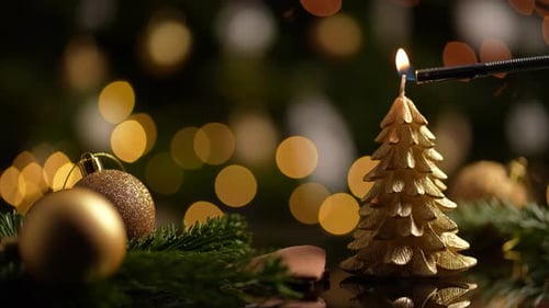 Christmas Tree Candle Lit with Gold Ornaments