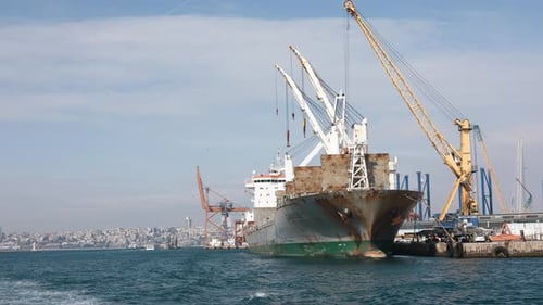 Cargo Ship in the Port of Istanbul Port Crane