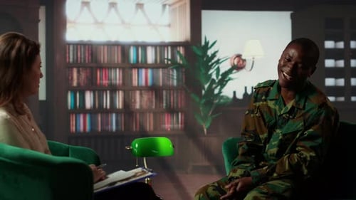 Man in Military Uniform Talking in Therapy Session