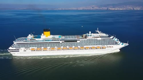 Cruise Liner Ship Sailing Across Mediterranean Sea Aerial View