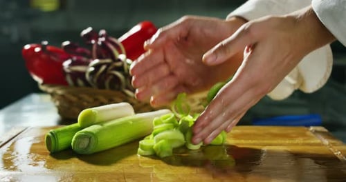 Professional chef preparing white onion for cooking
