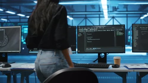 Data Center Employee in Remote Call Meeting with Colleagues Using Headset Mic