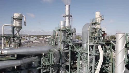 Large Wood Processing Factory View of the Steel Pipes and Tanks From Height Industrial Structure of