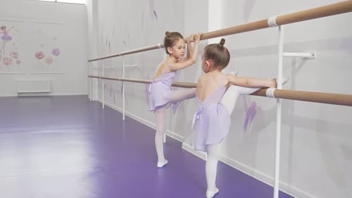 Two Adorable Little Ballerinas Stretching Gracefully at Ballet School
