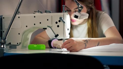 Close Up in the Sewing Workshop Young Girl Works with a Sewing Machine and White Fabric