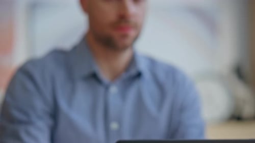 Businessman Hands Opening Laptop Computer Starting Work Company Office Closeup