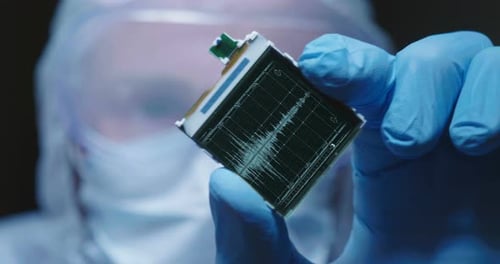 In einer ultramodernen Fabrik für Elektronisch Fertigung hält der Konstrukteur im sterilen Overall Microch