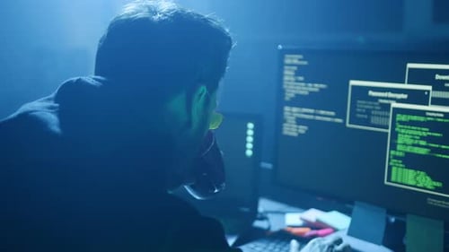 A Mysterious Hacker in a Lighted Workspace is Engaged in Intriguing Activities and Projects