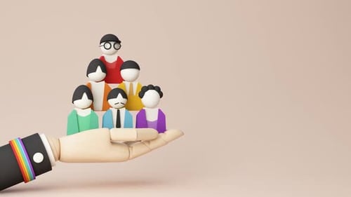 Bunte, vielfältige Gruppe von Menschen an der Hand haltend