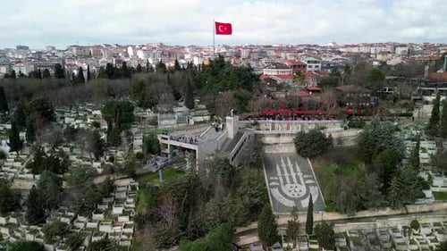 Eyup Cable Car on a hill in Istanbul Turkey, fly above shot