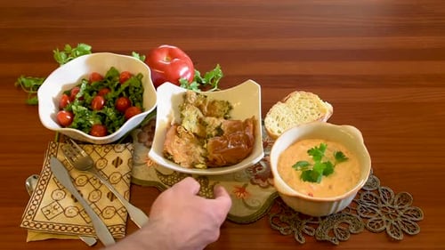 Healthy mediterranean cuisine, three dishes concept for lunch or dinner. Side view closeup of gettin