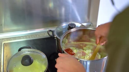 Handheld shot of hands sauteing chicken meat and vegetables. Close up, high angle