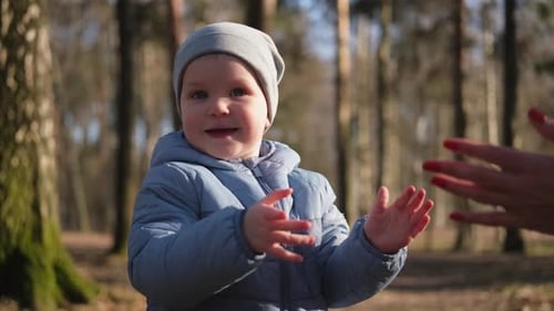 Happy Family Outdoor Mother Child on Walk in Park Mom Playing with Baby Son Outdoor Woman Little