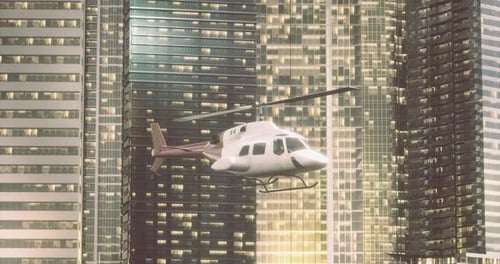 Helicopter Flying Between Skyscrapers in a Modern Urban Landscape