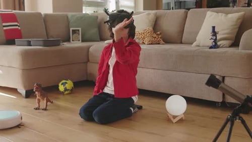 Boy Using VR Headset in Living Room