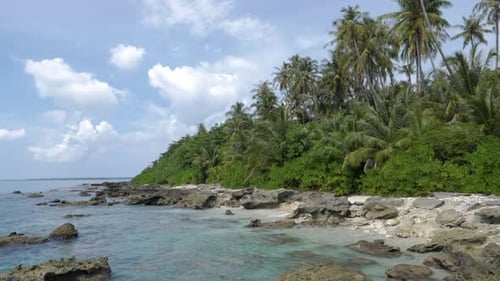 Ultra slow motion shot of rocky shore with palm trees and clear blue water at Asu Island, North Suma