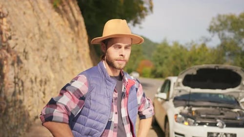 Portrait Caucasian Bearded Sad Guy Tourist Driver Traveler Near Broken Car Breakdown Damage Car Stop