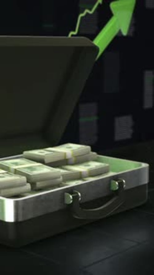 Cash Briefcase with Rising Arrow Stock Market Background Vertical