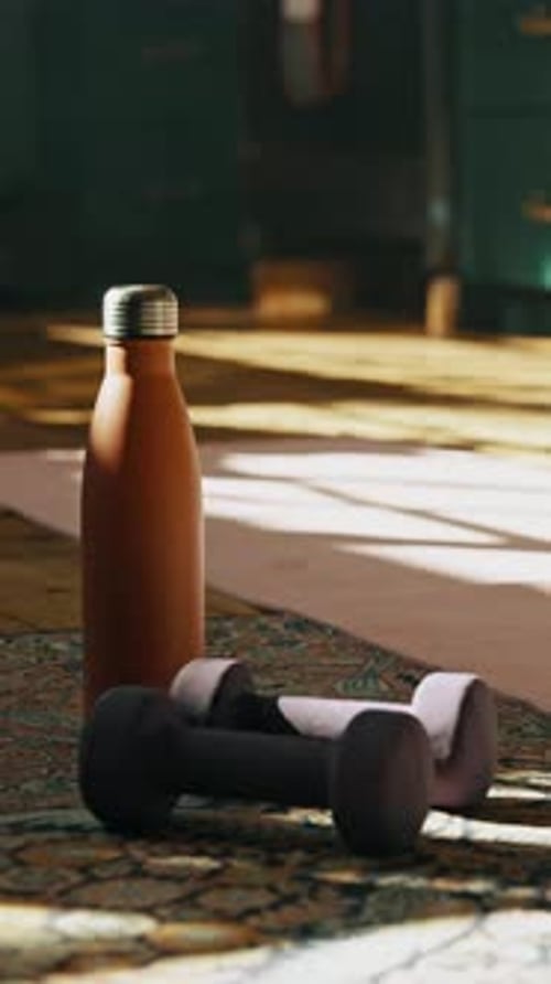 Dumbbells and Bottle on Rug Indoors