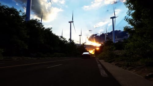 3D render of generic electric car drives on a Road with wind turbines in the background