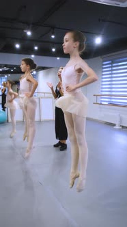 Young Girls Practicing Ballet in a Bright Dance Studio