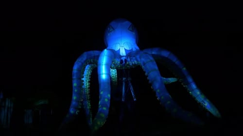 Illuminated Inflatable Octopus Against Dark Background, Zoom Shot