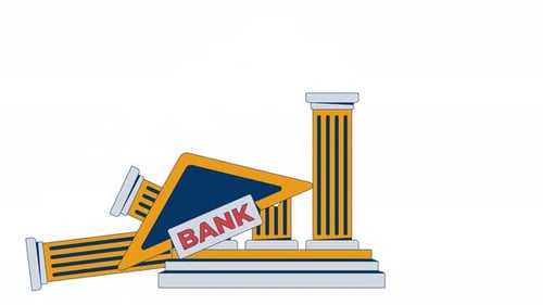 Collapsing bank structure with tilted sign, broken pillars 2D cartoon object animation