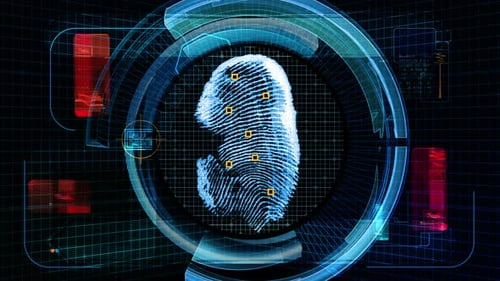 Futuristic Fingerprint Scan with Digital HUD Interface and Biometric Data Analysis