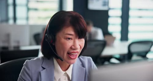 Call center, computer and woman talking with headset for customer service