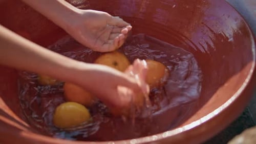 Woman Hands Cleaning Fruits in Bowl at Village Closeup Lady Washing Oranges