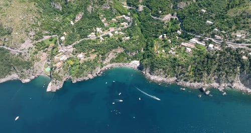 Aerial of hilltop buildings in Positano, Amalfi Coast, Italy