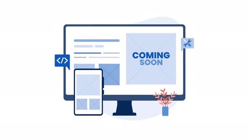 Em breve, design do site exibido na tela do computador com ilustração do telefone.