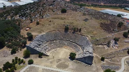 Aerial view of ancient theater in Letoon Ancient Greek City 4K