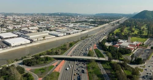 Traffic on a highway junction. Aerial view of road interchange