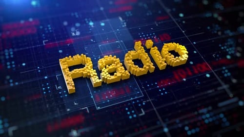 Animated 3D Voxel Radio Text on Futuristic Circuit Background