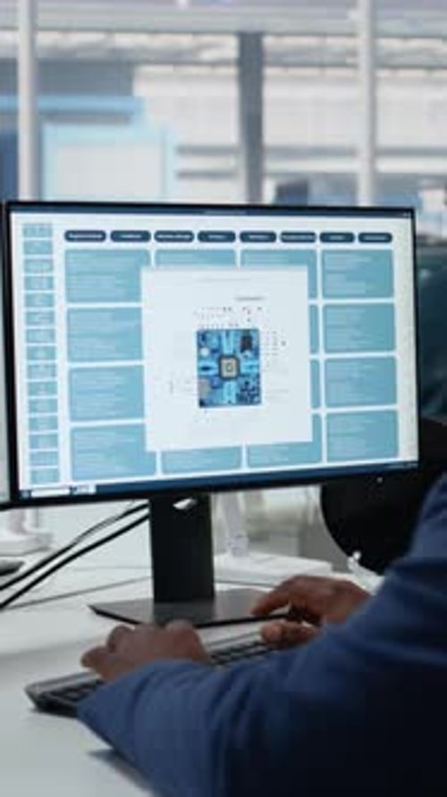 Vertical Video Technician in Microchip Factory RD Workspace Optimizing Production with PC